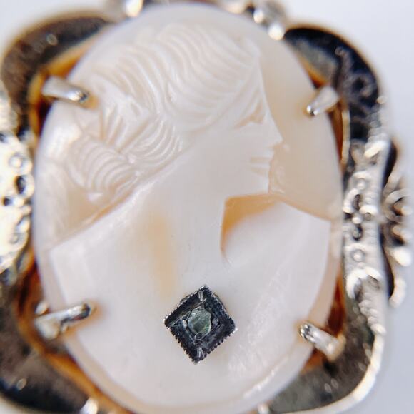 Vintage Coro Cameo Brooch 40s-50s Diamond Accent 10K Gold Plated Shell Carving - Picture 2 of 11